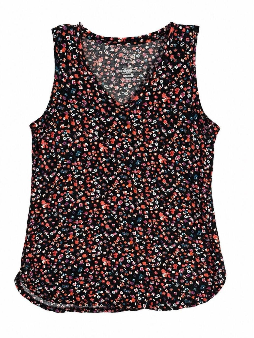 Maurices 24/7 Womens Medium Ditsy Floral Tank Top Black V Neck Stretch